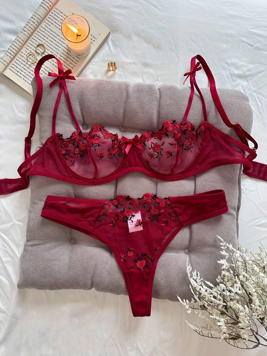 Floral embroidered bra set, mesh unlined bra and mesh panties - Image 11