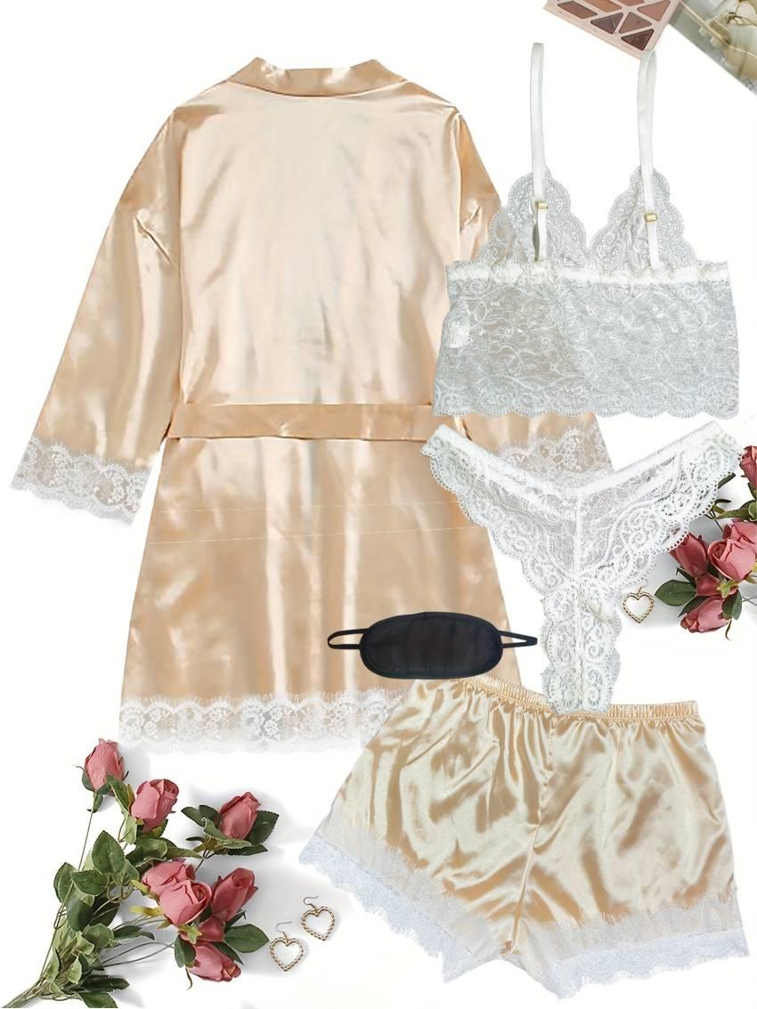 Luxe Floral Lace Satin Lounge Set - Soft and stylish robe with belt, V-neck camisole, thong and shorts - Image 54