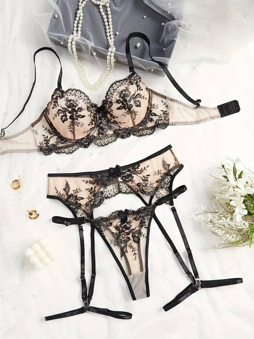 Exquisite Floral Embroidery Lingerie Set - Semi-Sheer, Bow-Adorned, Bra, Thong, and Garter Belt