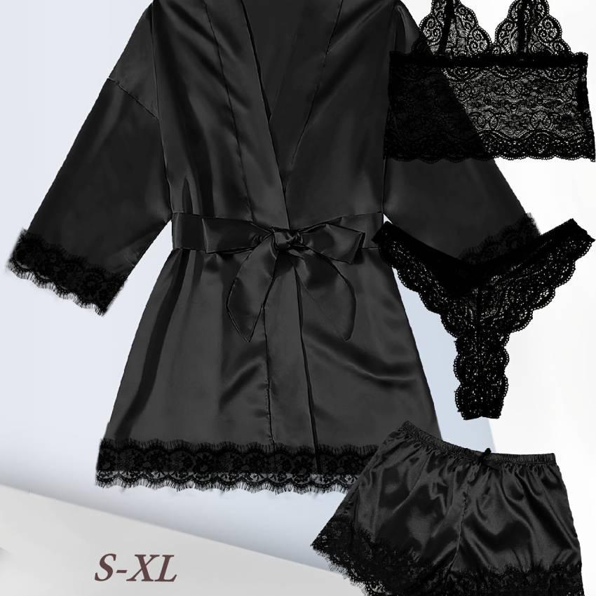 Luxe Floral Lace Satin Lounge Set - Soft and stylish robe with belt, V-neck camisole, thong and shorts - Image 59