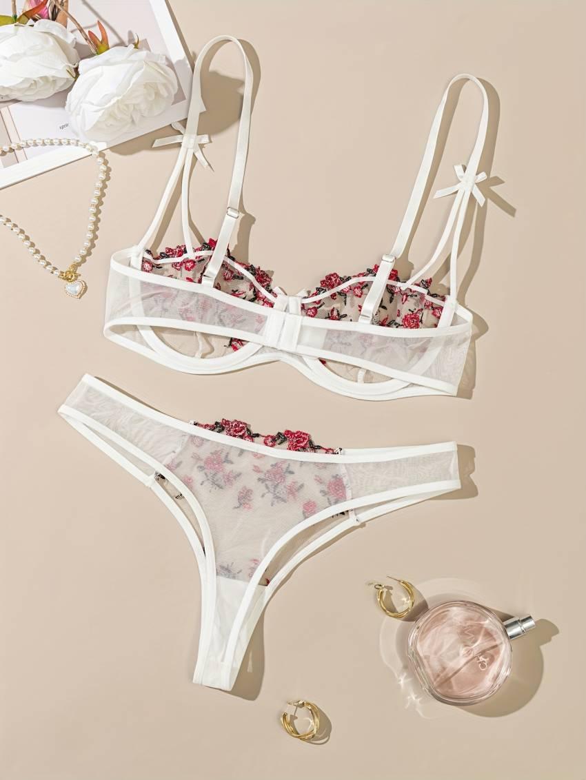 Floral embroidered bra set, mesh unlined bra and mesh panties - Image 29