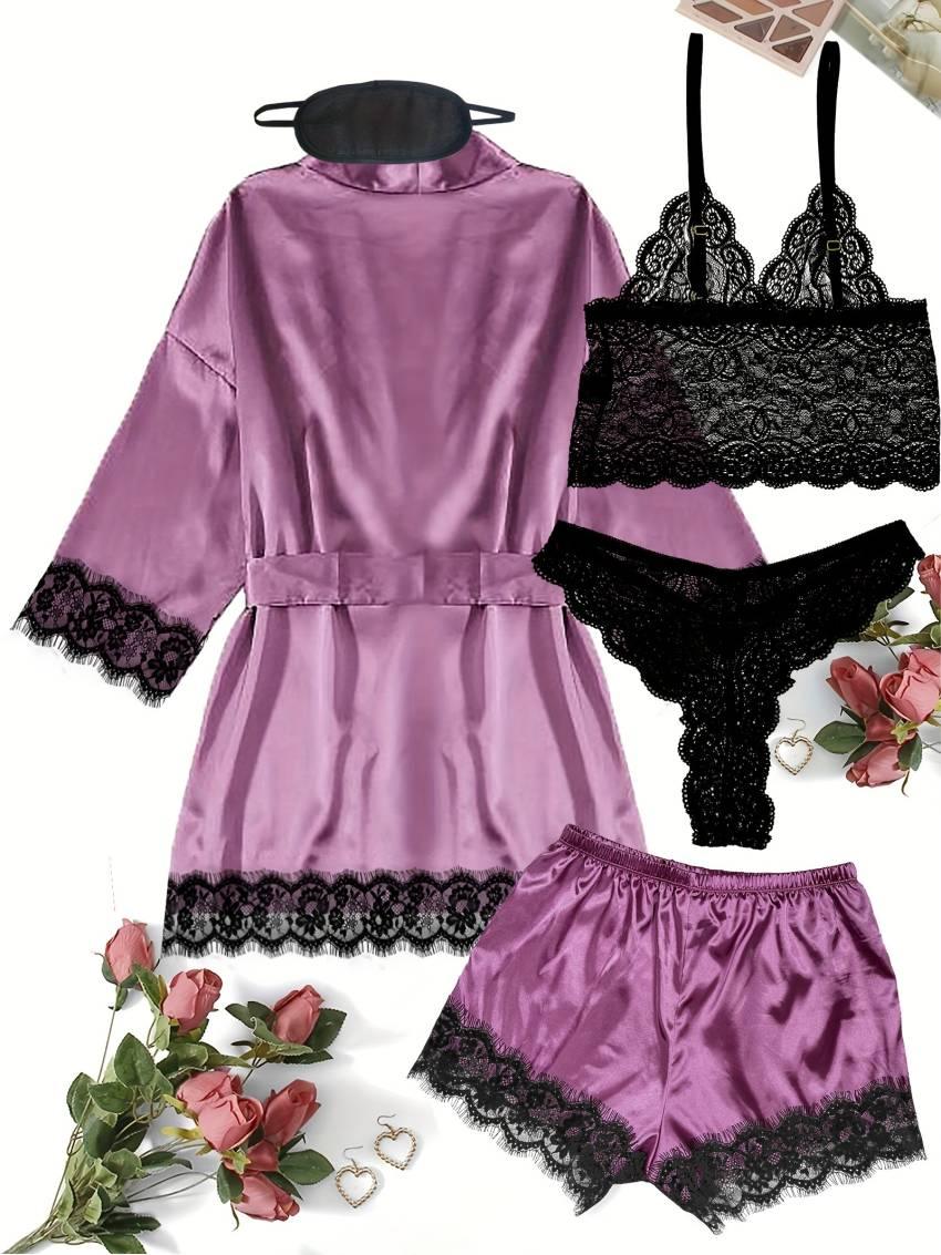 Luxe Floral Lace Satin Lounge Set - Soft and stylish robe with belt, V-neck camisole, thong and shorts - Image 26