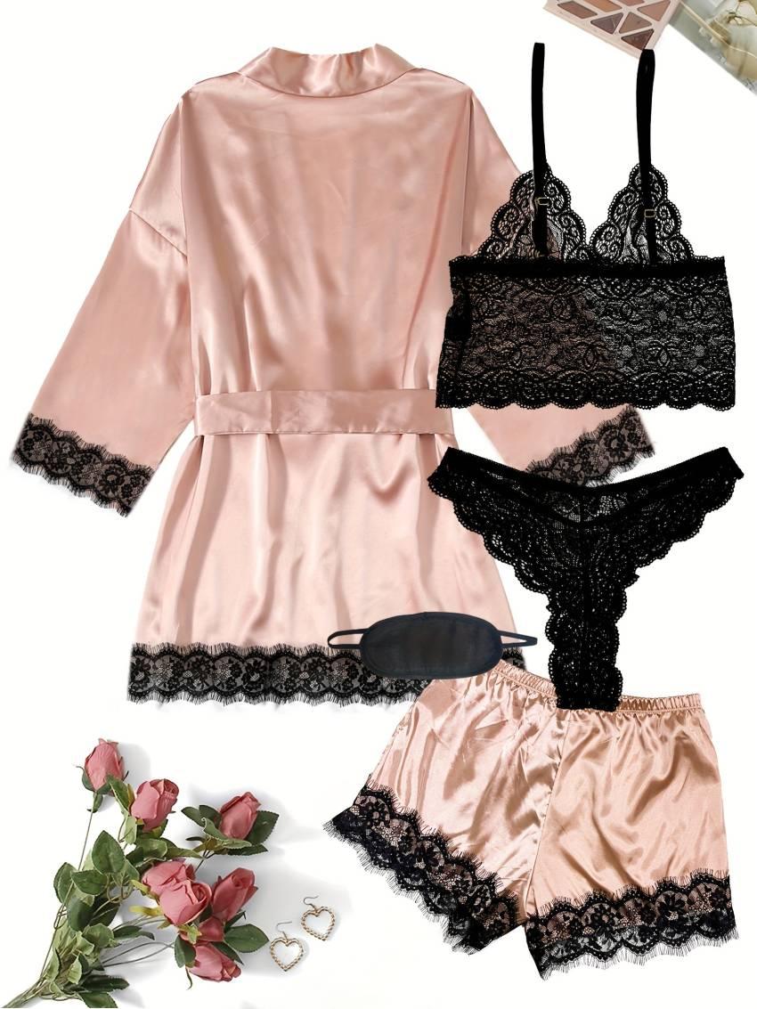 Luxe Floral Lace Satin Lounge Set - Soft and stylish robe with belt, V-neck camisole, thong and shorts - Image 44
