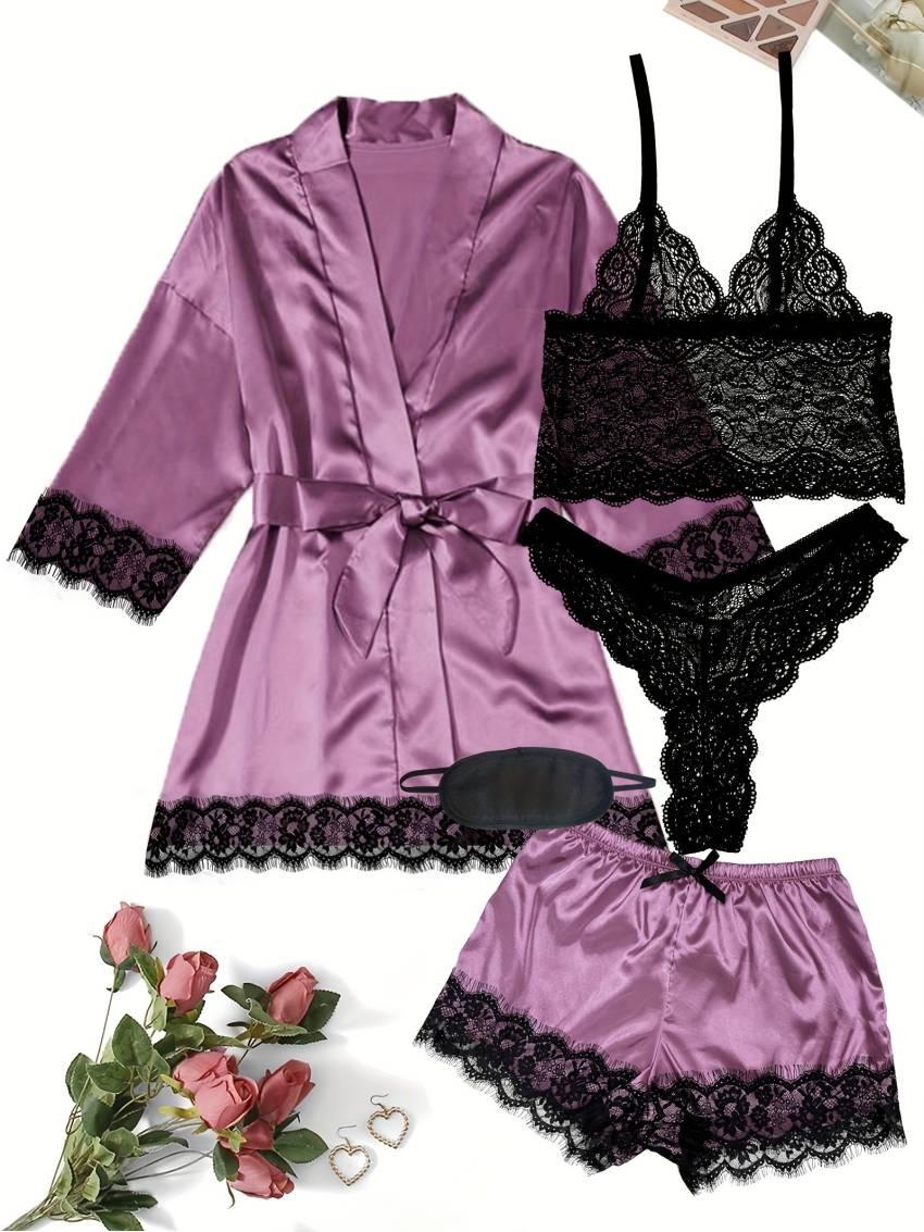 Luxe Floral Lace Satin Lounge Set - Soft and stylish robe with belt, V-neck camisole, thong and shorts - Image 27