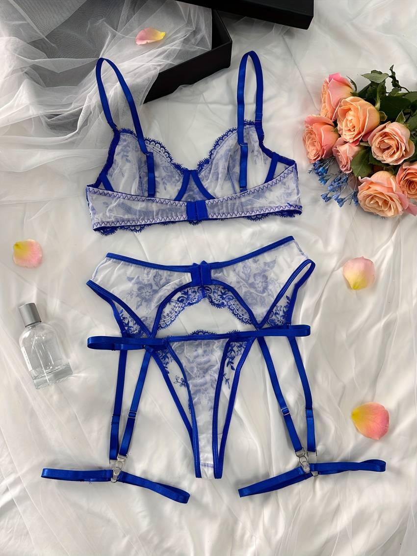 Exquisite Floral Embroidery Lingerie Set - Semi-Sheer, Bow-Adorned, Bra, Thong, and Garter Belt - Image 9