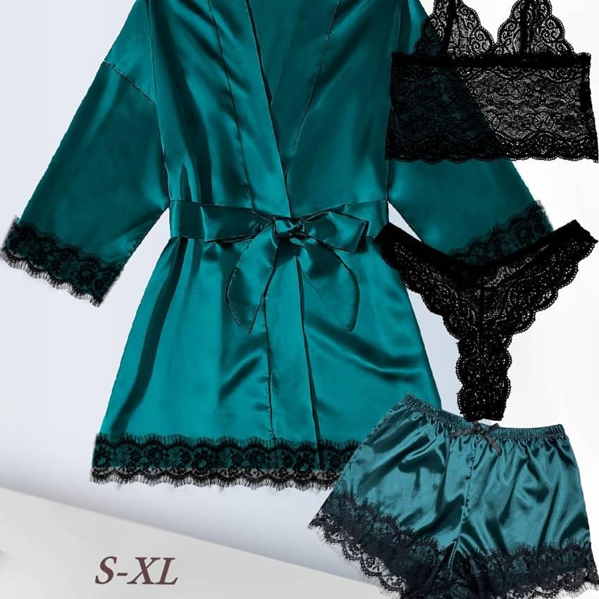 Luxe Floral Lace Satin Lounge Set - Soft and stylish robe with belt, V-neck camisole, thong and shorts - Image 61