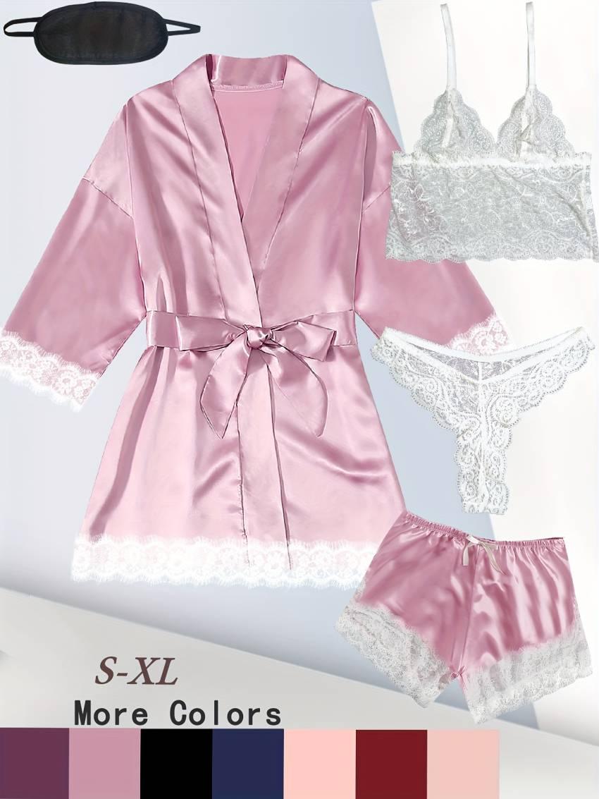 Luxe Floral Lace Satin Lounge Set - Soft and stylish robe with belt, V-neck camisole, thong and shorts - Image 19