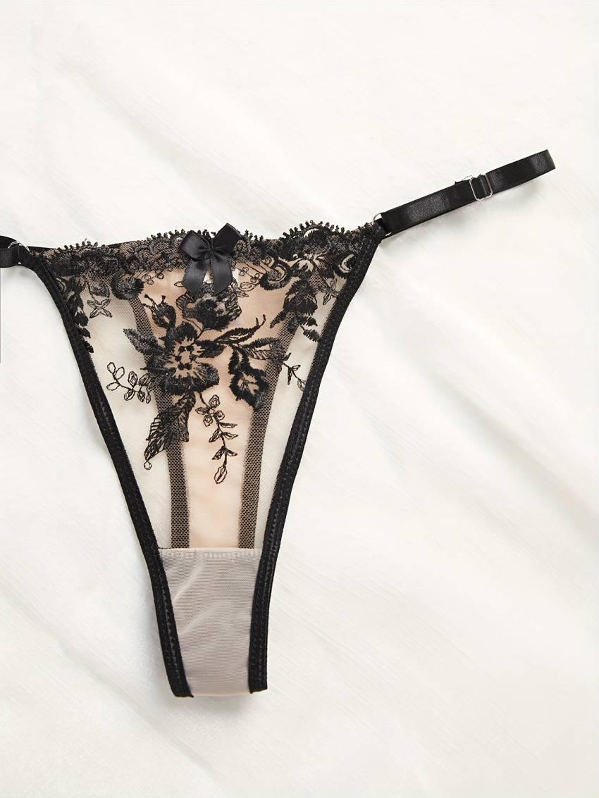Exquisite Floral Embroidery Lingerie Set - Semi-Sheer, Bow-Adorned, Bra, Thong, and Garter Belt - Image 6